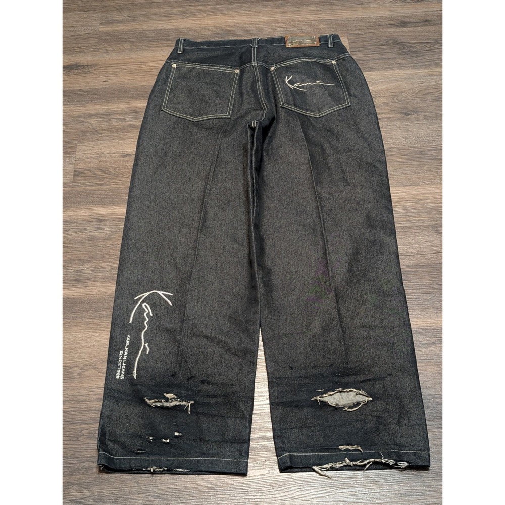 Karl Kani Baggy Barrel Jeans Dark Wash Black Distressed 38x32 Y2K Streetwear - Picture 7 of 9